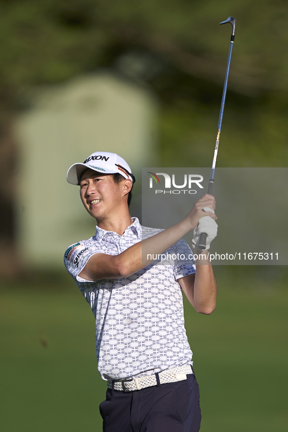 Rikuya Hoshino of Japan plays his third shot on the 14th hole on day one of the Estrella Damm N.A. Andalucia Masters 2024 at Real Club de Go...