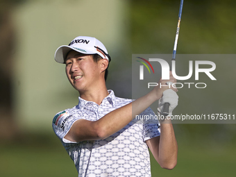 Rikuya Hoshino of Japan plays his third shot on the 14th hole on day one of the Estrella Damm N.A. Andalucia Masters 2024 at Real Club de Go...