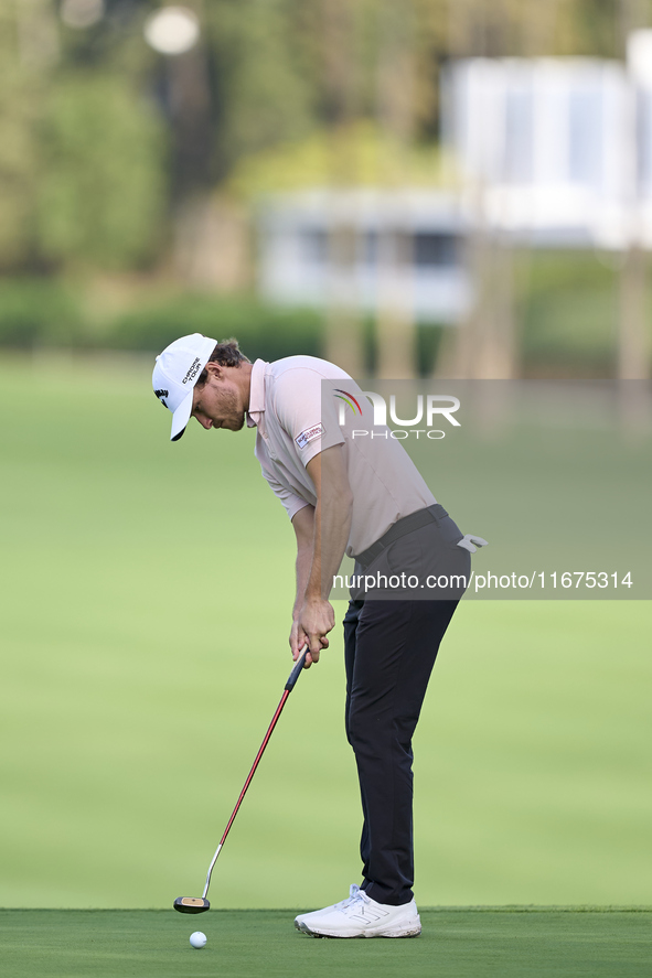 Rasmus Hojgaard of Denmark plays a shot on the 14th green on day one of the Estrella Damm N.A. Andalucia Masters 2024 at Real Club de Golf S...