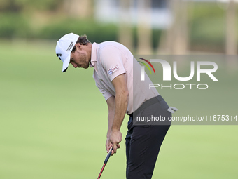 Rasmus Hojgaard of Denmark plays a shot on the 14th green on day one of the Estrella Damm N.A. Andalucia Masters 2024 at Real Club de Golf S...