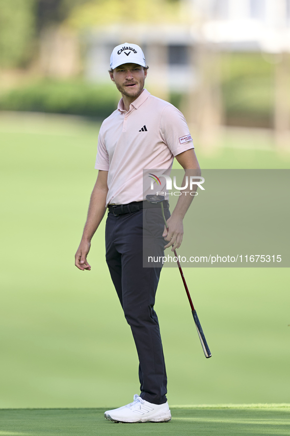 Rasmus Hojgaard of Denmark reacts on the 14th green on day one of the Estrella Damm N.A. Andalucia Masters 2024 at Real Club de Golf Sotogra...