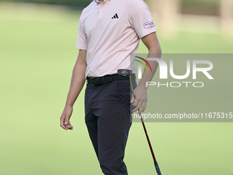 Rasmus Hojgaard of Denmark reacts on the 14th green on day one of the Estrella Damm N.A. Andalucia Masters 2024 at Real Club de Golf Sotogra...