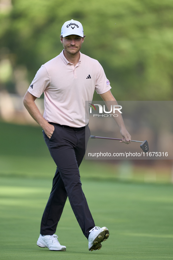 Rasmus Hojgaard of Denmark reacts on the 14th green on day one of the Estrella Damm N.A. Andalucia Masters 2024 at Real Club de Golf Sotogra...