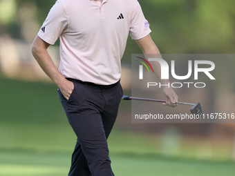 Rasmus Hojgaard of Denmark reacts on the 14th green on day one of the Estrella Damm N.A. Andalucia Masters 2024 at Real Club de Golf Sotogra...