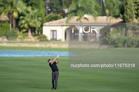 Matt Wallace of England plays his second shot on the 14th hole on day one of the Estrella Damm N.A. Andalucia Masters 2024 at Real Club de G...