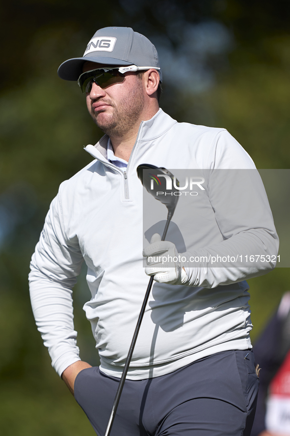 In San Roque, Spain, on October 17, 2024, Thriston Lawrence of South Africa reacts on the 15th hole on day one of the Estrella Damm N.A. And...