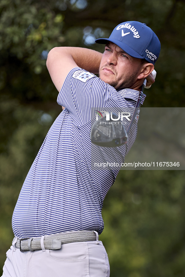 Sam Bairstow of England tees off on the 15th hole on day one of the Estrella Damm N.A. Andalucia Masters 2024 at Real Club de Golf Sotogrand...