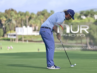 Pablo Larrazabal of Spain plays a shot on the 14th green on day one of the Estrella Damm N.A. Andalucia Masters 2024 at Real Club de Golf So...