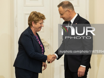 Viola Amherd president of the Swiss Confederation, Andrzej Duda president of Poland during press conference in Warsaw, Poland on October 17,...