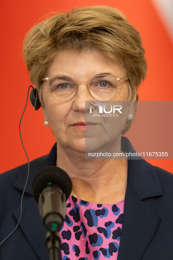 Viola Amherd president of the Swiss Confederation during press conference in Warsaw, Poland on October 17, 2024. 