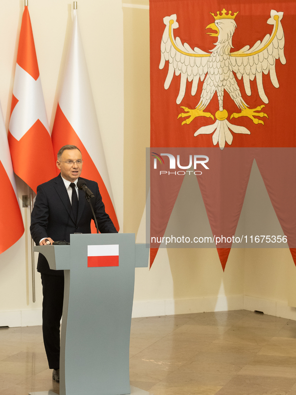 Andrzej Duda president of Poland during press conference in Warsaw, Poland on October 17, 2024. 