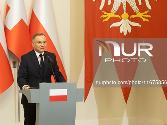 Andrzej Duda president of Poland during press conference in Warsaw, Poland on October 17, 2024. (