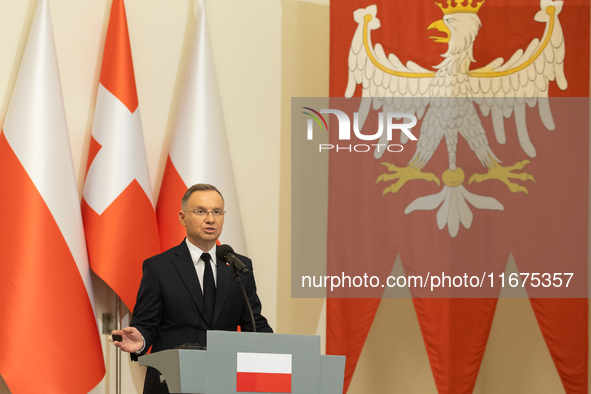 Andrzej Duda president of Poland during press conference in Warsaw, Poland on October 17, 2024. 