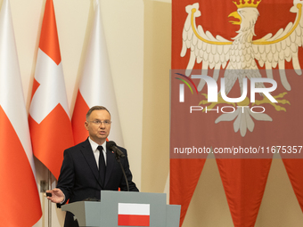 Andrzej Duda president of Poland during press conference in Warsaw, Poland on October 17, 2024. (