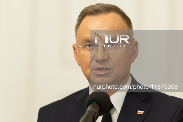 Andrzej Duda president of Poland during press conference in Warsaw, Poland on October 17, 2024. 