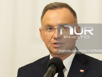 Andrzej Duda president of Poland during press conference in Warsaw, Poland on October 17, 2024. (