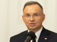 Andrzej Duda president of Poland during press conference in Warsaw, Poland on October 17, 2024. (