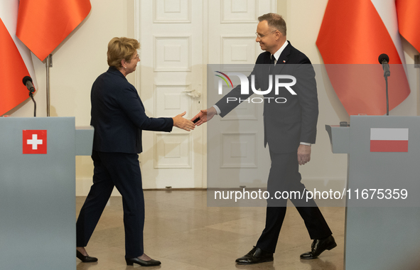 Viola Amherd president of the Swiss Confederation, Andrzej Duda president of Poland during press conference in Warsaw, Poland on October 17,...