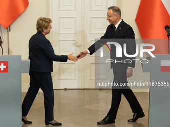 Viola Amherd president of the Swiss Confederation, Andrzej Duda president of Poland during press conference in Warsaw, Poland on October 17,...