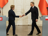 Viola Amherd president of the Swiss Confederation, Andrzej Duda president of Poland during press conference in Warsaw, Poland on October 17,...