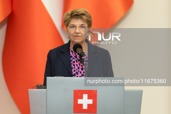 Viola Amherd president of the Swiss Confederation during press conference in Warsaw, Poland on October 17, 2024. 