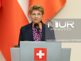 Viola Amherd president of the Swiss Confederation during press conference in Warsaw, Poland on October 17, 2024. (