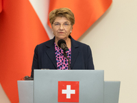 Viola Amherd president of the Swiss Confederation during press conference in Warsaw, Poland on October 17, 2024. (