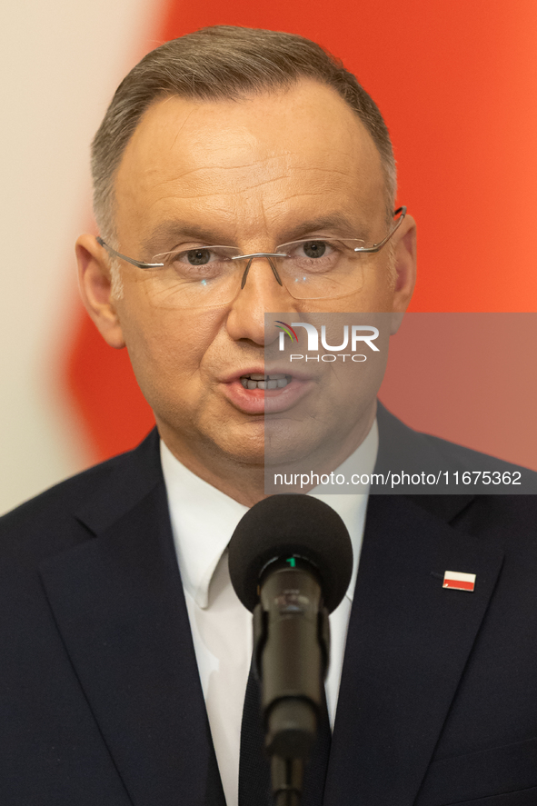 Andrzej Duda president of Poland during press conference in Warsaw, Poland on October 17, 2024. 