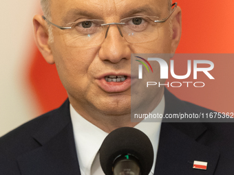 Andrzej Duda president of Poland during press conference in Warsaw, Poland on October 17, 2024. (