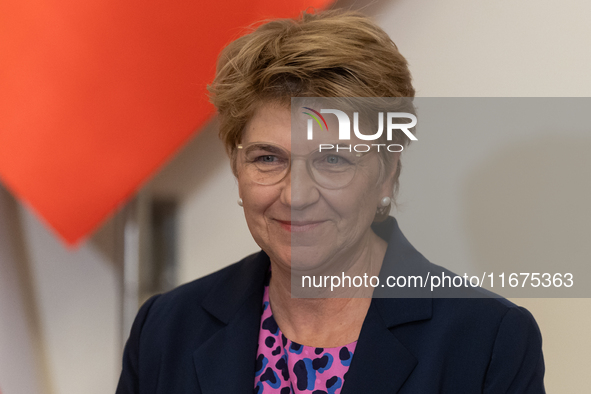 Viola Amherd president of the Swiss Confederation during press conference in Warsaw, Poland on October 17, 2024. 