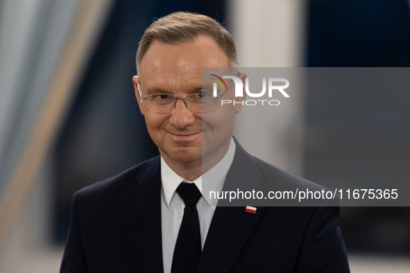 Andrzej Duda president of Poland during press conference in Warsaw, Poland on October 17, 2024. 