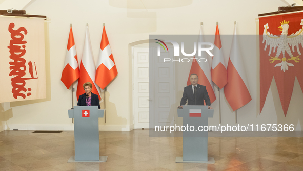 Viola Amherd president of the Swiss Confederation, Andrzej Duda president of Poland during press conference in Warsaw, Poland on October 17,...