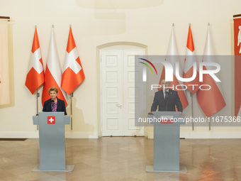 Viola Amherd president of the Swiss Confederation, Andrzej Duda president of Poland during press conference in Warsaw, Poland on October 17,...