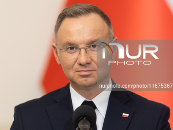 Andrzej Duda president of Poland during press conference in Warsaw, Poland on October 17, 2024. (