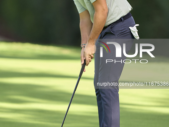 Filippo Celli of Italy plays a shot on the 14th green on day one of the Estrella Damm N.A. Andalucia Masters 2024 at Real Club de Golf Sotog...