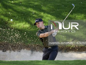 Todd Clements of England plays his shot out of a bunker on the 14th hole on day one of the Estrella Damm N.A. Andalucia Masters 2024 at Real...