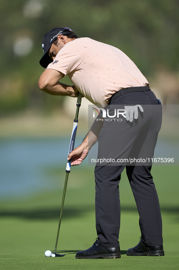 Fabrizio Zanotti of Paraguay plays a shot on the 14th green on day one of the Estrella Damm N.A. Andalucia Masters 2024 at Real Club de Golf...