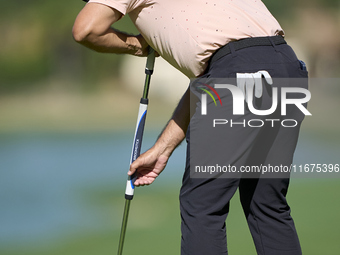 Fabrizio Zanotti of Paraguay plays a shot on the 14th green on day one of the Estrella Damm N.A. Andalucia Masters 2024 at Real Club de Golf...