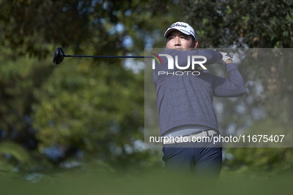 Sung Kang of South Korea tees off on the 15th hole on day one of the Estrella Damm N.A. Andalucia Masters 2024 at Real Club de Golf Sotogran...