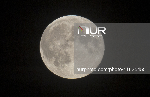 A close-up view of the Hunter's Supermoon in Linkoping, Sweden, on October 17, 2024. 