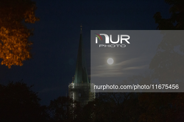 The Hunter Supermoon is visible in the sky in Linkoping, Sweden, on October 17, 2024. 