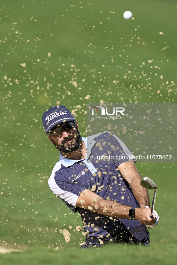 Francesco Laporta of Italy plays his shot out of a bunker on the 14th hole on day one of the Estrella Damm N.A. Andalucia Masters 2024 at Re...