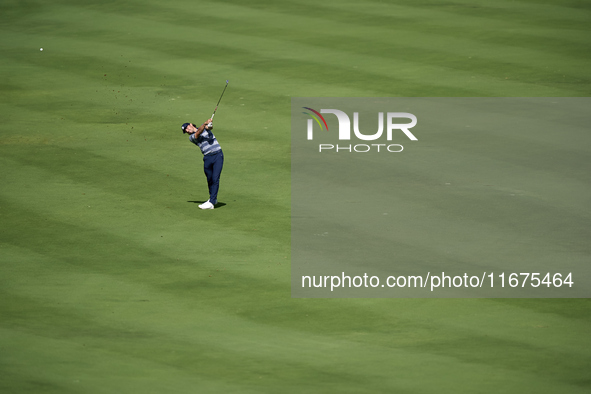 Marco Penge of England plays his second shot on the 14th hole on day one of the Estrella Damm N.A. Andalucia Masters 2024 at Real Club de Go...