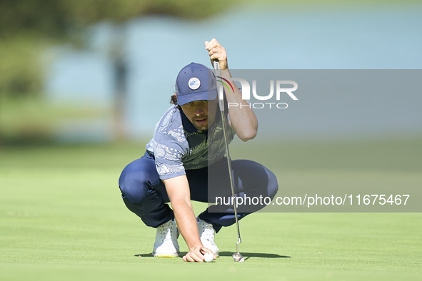 Marco Penge of England studies his shot on the 14th green on day one of the Estrella Damm N.A. Andalucia Masters 2024 at Real Club de Golf S...