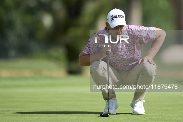 Jacques Kruyswijk of South Africa studies his shot on the 16th green on day one of the Estrella Damm N.A. Andalucia Masters 2024 at Real Clu...