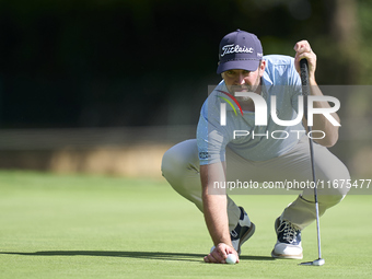 Scott Jamieson of Scotland studies his shot on the 16th green on day one of the Estrella Damm N.A. Andalucia Masters 2024 at Real Club de Go...