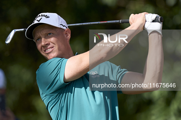 Simon Forsstrom of Sweden tees off on the 17th hole on day one of the Estrella Damm N.A. Andalucia Masters 2024 at Real Club de Golf Sotogra...