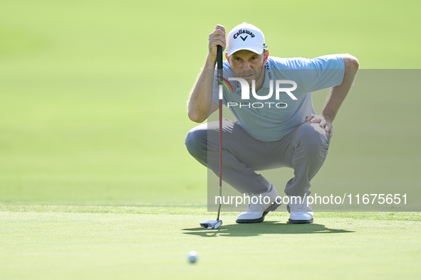 Maximilian Kieffer of Germany studies his shot on the 16th green on day one of the Estrella Damm N.A. Andalucia Masters 2024 at Real Club de...