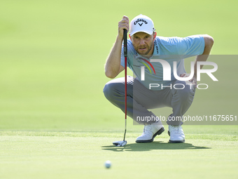 Maximilian Kieffer of Germany studies his shot on the 16th green on day one of the Estrella Damm N.A. Andalucia Masters 2024 at Real Club de...