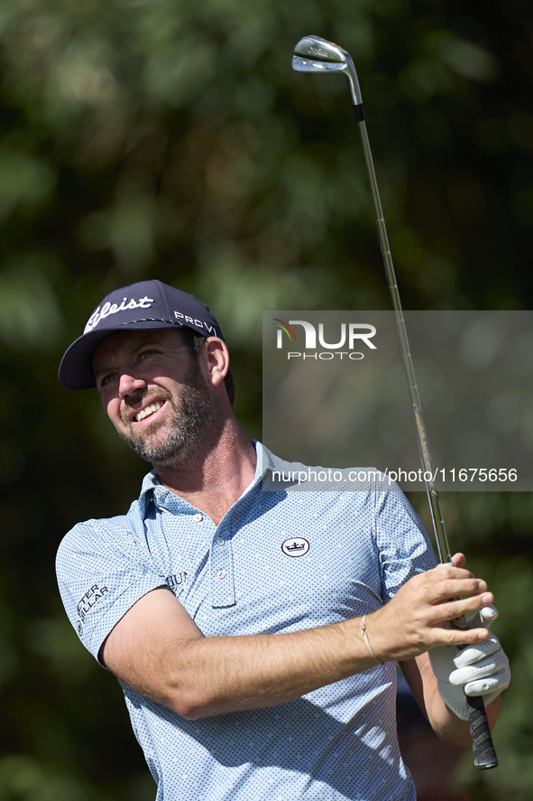 Scott Jamieson of Scotland tees off on the 17th hole on day one of the Estrella Damm N.A. Andalucia Masters 2024 at Real Club de Golf Sotogr...